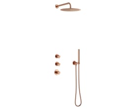 Damixa Iris termostatbatteri i børstet kobber, komplet med rund hovedbruser og indbygningsenhed samt stick håndbruser.