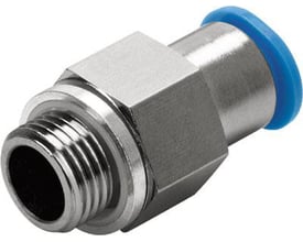 Festo lige forskruning, selvafspærrende QSK-G1/8-8 med G1/8 gevind og blå push-in fitting af metal.
