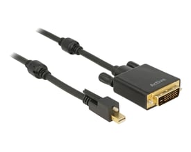 Sort aktivt DeLOCK-kabel fra mini DisplayPort 1.2 til DVI-D Dual Link, med skrue, guldfarvede stik og ferritkerner.