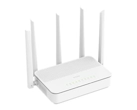 Hvid D-Link BE3600-router med Wi-Fi 7 set skråt forfra, med opretstående antenner og lysende indikatorer.