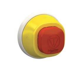 Schneider Electric firkantet nødstophoved i rød med gul ring og integreret LED, med "Tryk/Vrid" symbol.