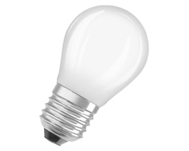 Ledvance LED kronepære, mat finish og E27 sokkel, der viser pærens kompakte størrelse på 77mm længde og 45mm diameter.