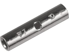 En Elpress Cu-pressemuffe KST10, 10mm², set skråt fra siden, med fokus på det indvendige kabelstop og inspektionshul.