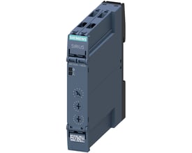 Siemens SIRIUS 3RP25 tidsrelæ med 1 CO, 13 funktioner og 7 tidsintervaller, 24V AC/DC. Mørkeblå enhed med grøn Siemens-logo og skrueklemme terminaler.