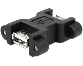 DeLock sort USB 2.0-adapter med USB type A-hunstik i begge ender og monteringsører med skruemøtrikker, set skråt fra siden.