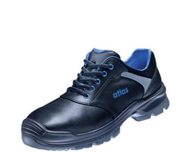 Atlas Anatomic Bau 560 XP sikkerhedssko i sort okseskind med blå detaljer og snørebånd. Str. 45.