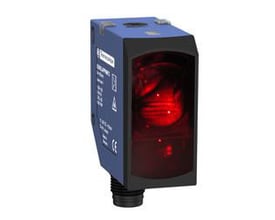 Schneider Electric laser fotocelle, diffus BGA PNP NO/NC, Sn=0.8m, med M12 stik og ECOLAB IP69K certificering i blå og sort plast.