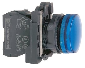 Sidevisning af Schneider Electric XB5AVB6 signallampe med blå LED, monteret på en 24V AC/DC base med mærkninger.