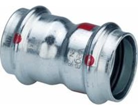 Viega Prestabo muffe i forzinket stål, 35 mm, med synlige røde SC-Contur markeringer for utætte samlinger.