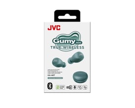 JVC Gumy Mini True Wireless Earphones i grøn matcha farve, vist i original emballage med JVC logo og produktinformation.