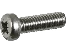 Lauritz Knudsen dækselskrue 020S3423 i metal, med stjerneskruerhoved og gevind på en hvid baggrund.