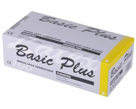 Æske med Basic Plus pudderfri latex-engangshandsker i størrelse 7,5, vist med grå og gul emballage.