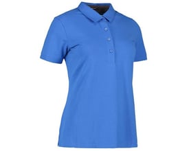 ID Identity polo dame i azurblå stretch single jersey med skjortekrave og knaplukning. Størrelse M.