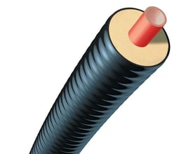 Brugg CALPEX UNO præisoleret fjernvarmerør med 32mm PEX-rør og 78mm yderkappe, isoleret og korrugeret beskyttelse.