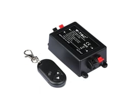 V-TAC trådløs LED-dæmper med RF-fjernbetjening til 12 V/24 V, vist samlet med sorte og røde tilslutninger.