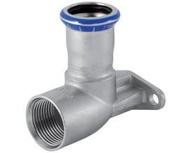 Geberit Mapress rustfri dækvinkel med 15 mm presfitting og 1/2" Rp muffe, 90° forskudt i rustfrit stål.