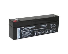 Q-Batteries 12LS-2.1 12V 2,1Ah AGM batteri, vist forfra med tydelig mærkning af specifikationer og godkendelser.