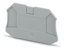 Bagfra-perspektiv af Phoenix Contact D-UT 2,5/4-QUATTRO endeplade, der viser monteringsklemmen og den kompakte grå plastkonstruktion.