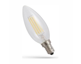 SpectrumLED E14 4 W LED-kertepære i C35-form med klart glas og synlige kultråde, vist skråt med fatningen nederst.