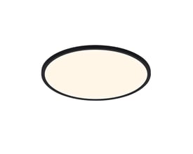 Nordlux Oja loftlampe i sort, rund og ultratynd med en diameter på 42,4 cm, der udsender et blødt lys.