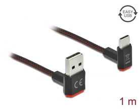DeLock USB 2.0 kabel med EASY-USB Type-A og USB-C hanstik, 1 meter, sort med røde detaljer på stik og flettet kabel.