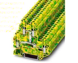 Phoenix Contact UTTB 2,5-PE jordleder-etageklemme med gul/grøn farve og skruetilslutning, viser det kompakte design til styretavler.