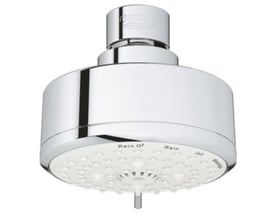 Grohe New Tempesta Cosmopolitan 100 hovedbruser i krom, viser dens runde design og de fire spraytyper: Rain O², Rain, Jet og Massage.