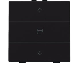 Niko motortryk i mørkebrun med op-pil, stop-ikon og ned-pil. Trykket har en diskret LED-indikator.