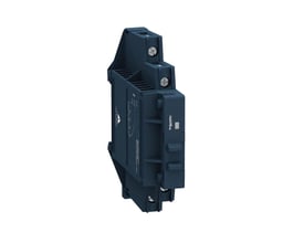 Schneider Electric Harmony Solid State Relæ SSM1A112F7, 1-faset, 12A, med indbygget køleplade og DIN-skinne montering på mørkeblå baggrund.