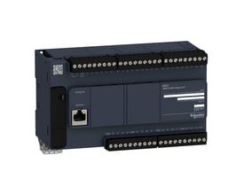 Schneider Electric Modicon M221 PLC med 24 digitale indgange, 2 analoge indgange og 16 relæ udgange, monteret på en grå enhed.