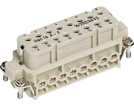 Nærbillede af Harting 16-polede hunstik indsats, der viser de enkelte skrueterminaler for ledningstilslutning op til 2,5 mm².