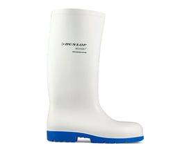 En enkelt Sika Footwear Acifort S4 SRC støvle i hvid PVC med blå ydersål, set fra siden på hvid baggrund.