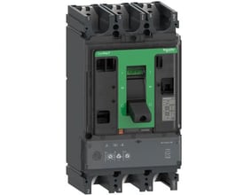 Schneider Electric ComPacT NSX400HB1 maksimalafbryder med MicroLogic 2.3 M relæ, mærket 320A og med grønt håndtag til afbrydelse.