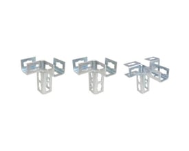 Walraven Bis pushstrut 3D-samler, model Q 149X111 L, med perforeret lodret beslag og vandrette flige, vist fra flere vinkler.