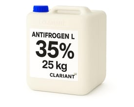 Hvid dunk med blå skruelåg med Antifrogen L propylenglykol fra Clariant, mærket med 35 % og 25 kg.