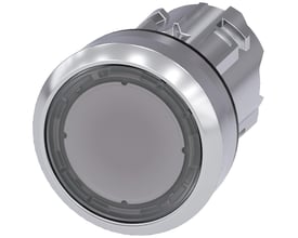 Siemens 22mm oplyst trykknap i højglansmetal med rund, flad, klar trykflade og låsemekanisme.