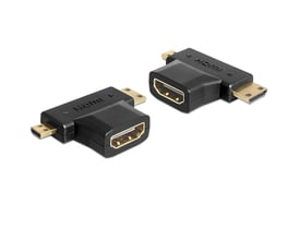 DeLOCK sort, T-formet HDMI-adapter med 19-pin hunstik og Mini-HDMI- og Micro-HDMI-stik, vist fra to vinkler.