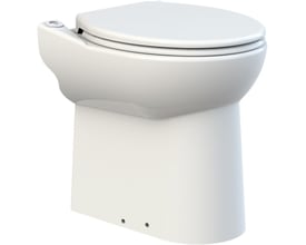 Kompakt hvid gulvmonteret toilet med indbygget kværn, P-lås og lukket skyllekant, 445 mm højde.