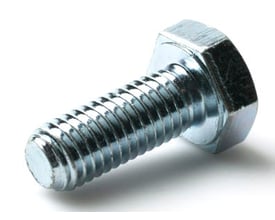 Sætskrue M10x20 mm med fuldt gevind og 6-kantet hoved i blank FZB-legering, isoleret på hvid baggrund.