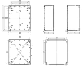 Schneider Electric Thalassa TBP industriel kasse med dimensioner 325x275x120 mm i grå polycarbonat med tekniske tegninger og mål.