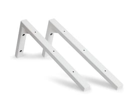 To hvide L-formede konsoller til montering af håndvask, med dimensionerne dybde 43 cm og højde 20 cm.