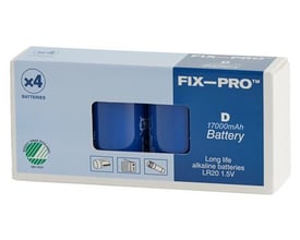 FIX-PRO D LR20 alkalinebatterier med long life-teknologi ses gennem vinduet i den blå og hvide emballage.