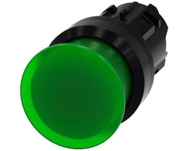 Siemens 22mm oplyst paddetrykknap i grøn, rund form med 30mm diameter og kortvarig funktion.