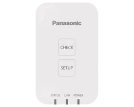 Panasonics trådløse LAN-modul CZ-TACG1 set forfra med CHECK- og SETUP-knapper samt statusindikatorer.