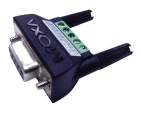 Moxa Mini DB9F-to-TB-adapter med DB9-hunstik og grøn klemrække, set skråt forfra.