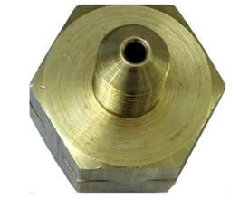 Flaskeadapter med venstregevind, NV27 x 25 venstre og uden pakning, set ovenfra med sekskantet base og centralt hul.