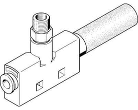Festo vakuumejektor VN-14-H-T4-PQ2-VA5-RO2 med 18mm bredde, T-formet kobling og åben lyddæmper.
