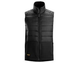 Snickers Workwear FlexiWork 4902 hybridvest i sort til herrer, str. S, med lynlås og synligt Snickers-logo på forsiden.