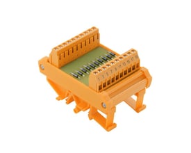 Weidmüller interfacemodul med dioder i orange hus, set skråt ovenfra med dioder og nummererede tilslutninger synlige.
