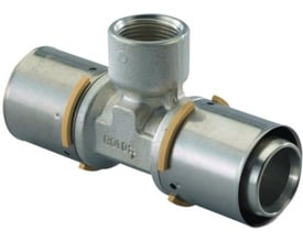 Uponor MLC press T-stykke 40 x 1/2" x 40mm vist med gule og lysebrune markeringer på afgreningsmuffen.